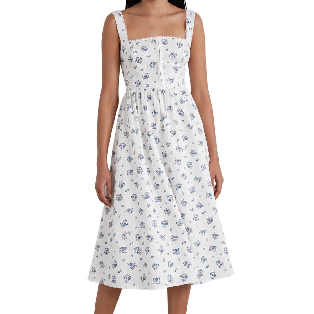 Reformation Tagliatelle Linen Midi Dress Blaire White Blue Floral 0